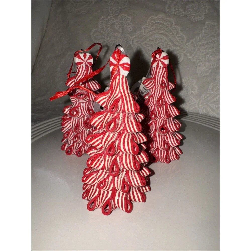 3 Christmas Ribbon Peppermint Tree Ornament Candy Cane Striped  Red White 4”